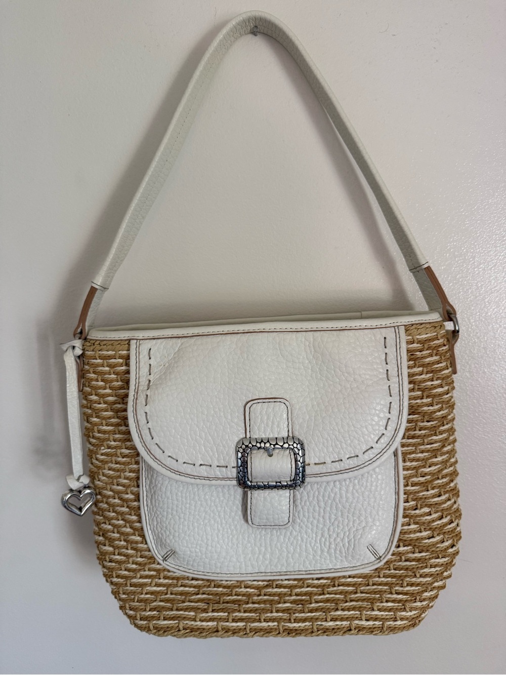 Brighton White and Natural Straw Shoulder Bag with Buckle